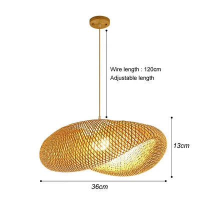 DecorBites™ hand-knit bamboo pendant ceiling light warm-toned oval natural bamboo with golden finish and adjustable wire