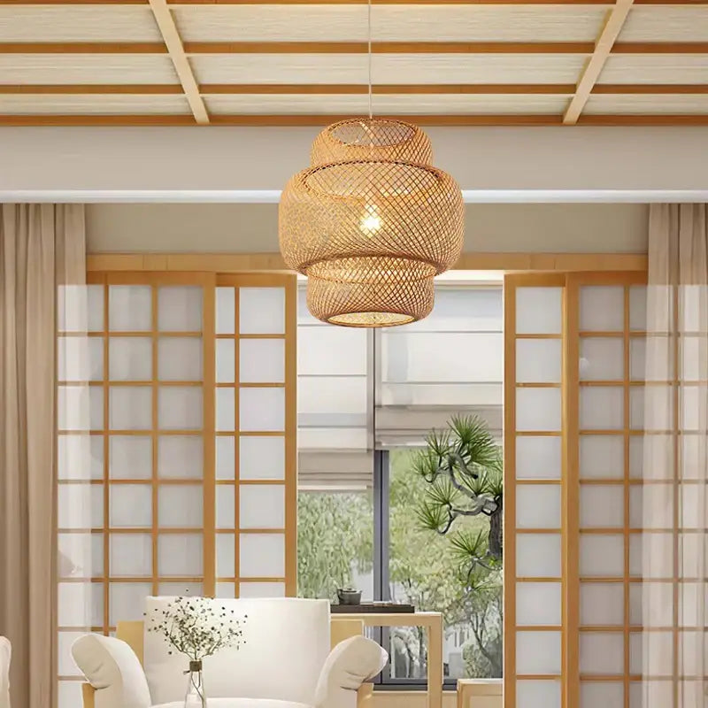 Decorbites™ hand-knit warm-toned tiered woven bamboo pendant ceiling light with natural rustic finish