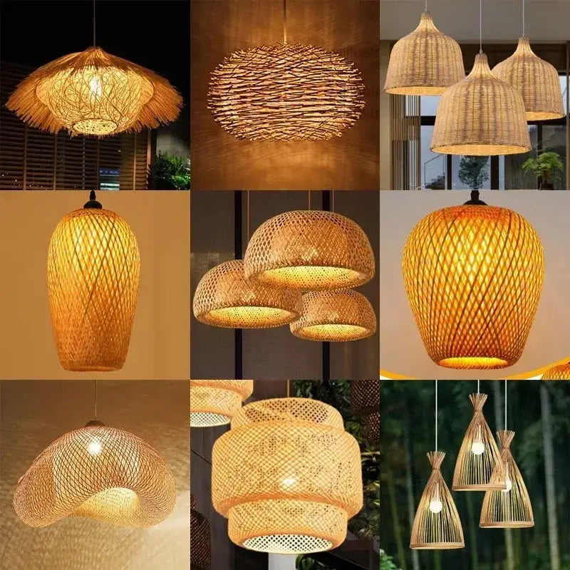 Decorbites™ hand-knit bamboo pendant ceiling light with warm-toned woven shades in organic shapes and sizes