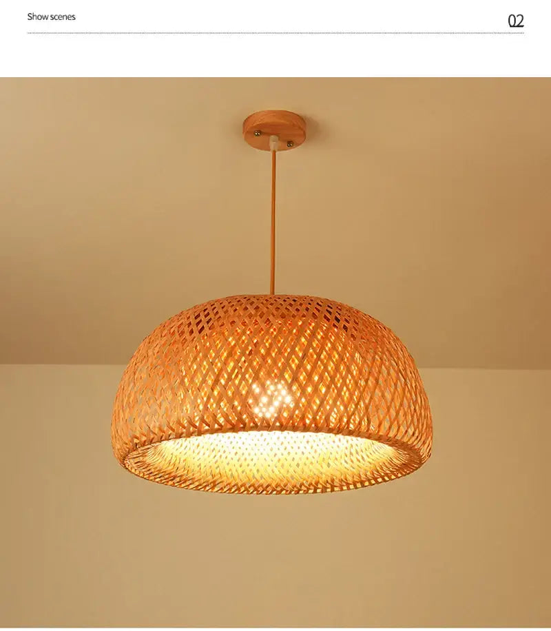 DecorBites™ hand-knit bamboo pendant ceiling light with warm-toned woven dome shade and wooden ceiling mount