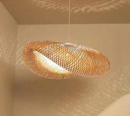 DecorBites™ hand-knit warm-toned woven bamboo pendant ceiling light with swirling organic design for ceiling light use