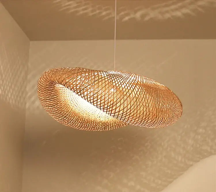 DecorBites™ hand-knit warm-toned woven bamboo pendant ceiling light with swirling organic design for ceiling light use