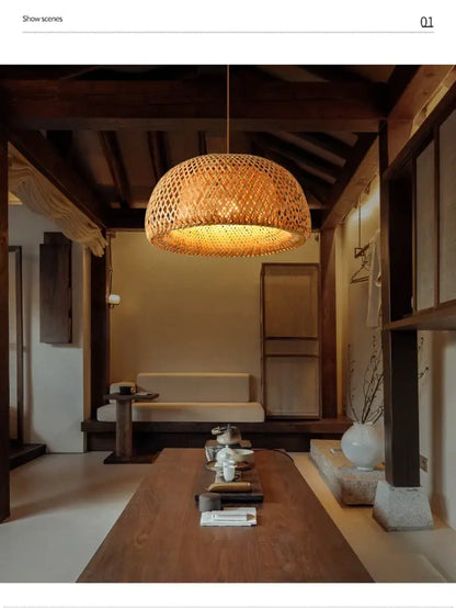 DecorBites™ warm-toned hand-knit bamboo pendant ceiling light with natural texture and subtle golden glow