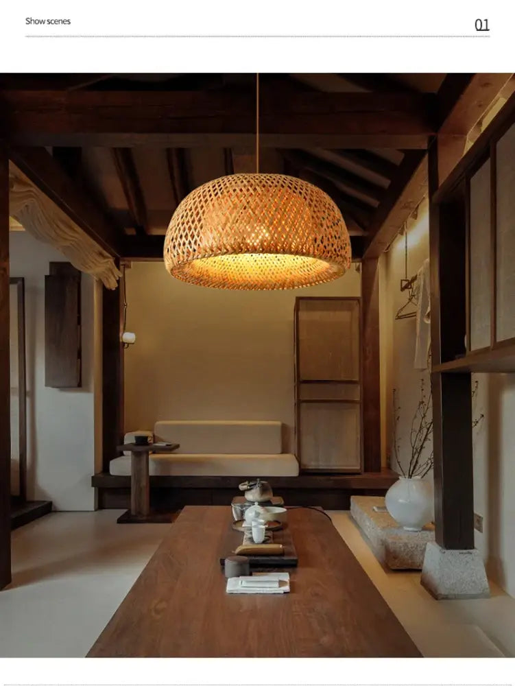 DecorBites™ warm-toned hand-knit bamboo pendant ceiling light with natural texture and subtle golden glow