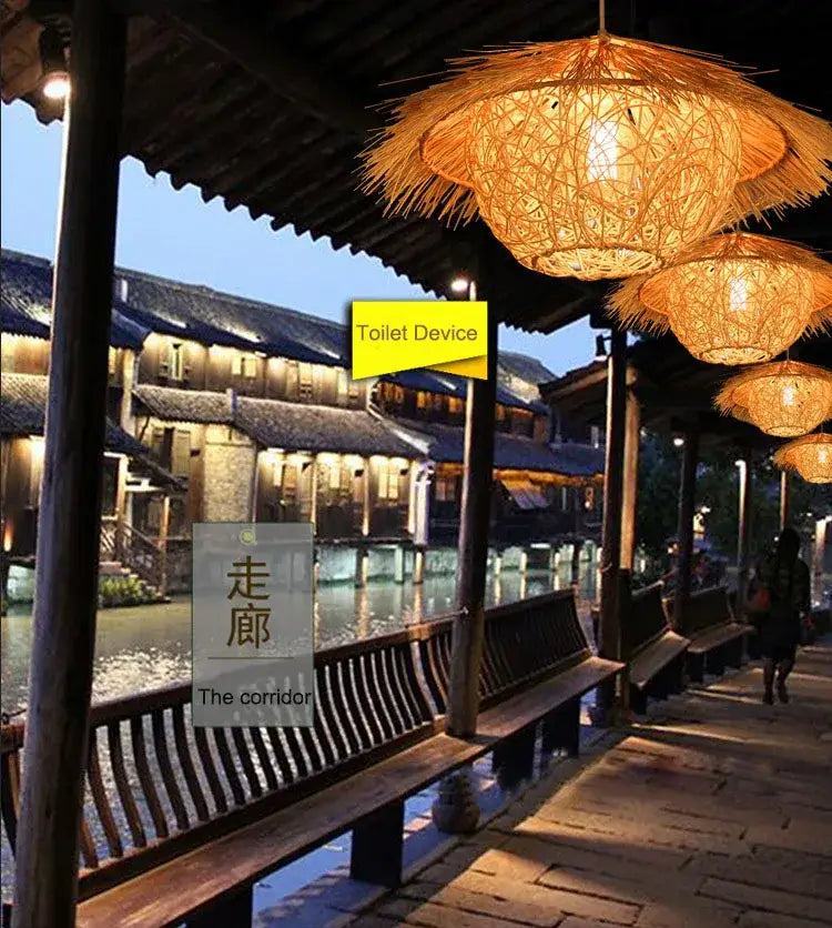 DecorBites™ hand-knit bamboo pendant ceiling light with warm woven straw shades hanging from the ceiling