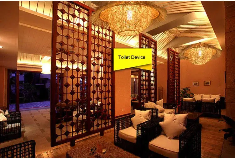 Decorbites hand-knit bamboo pendant ceiling light with dark brown wooden lattice screen and intricate geometric patterns