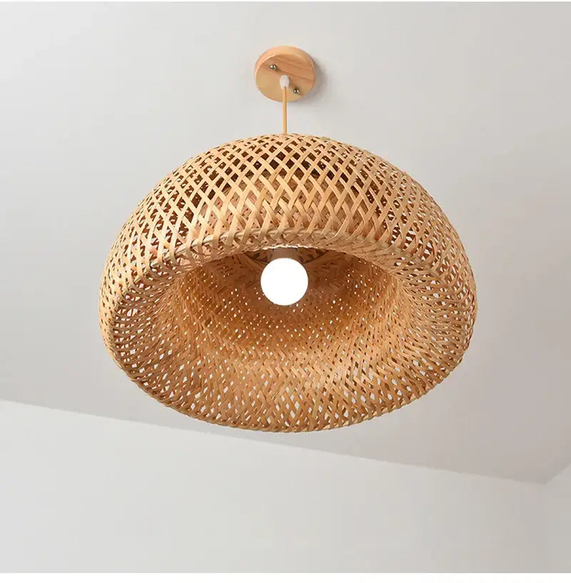 DecorBites™ hand-knit bamboo pendant ceiling light with natural tan finish and intricate lattice design ceiling light