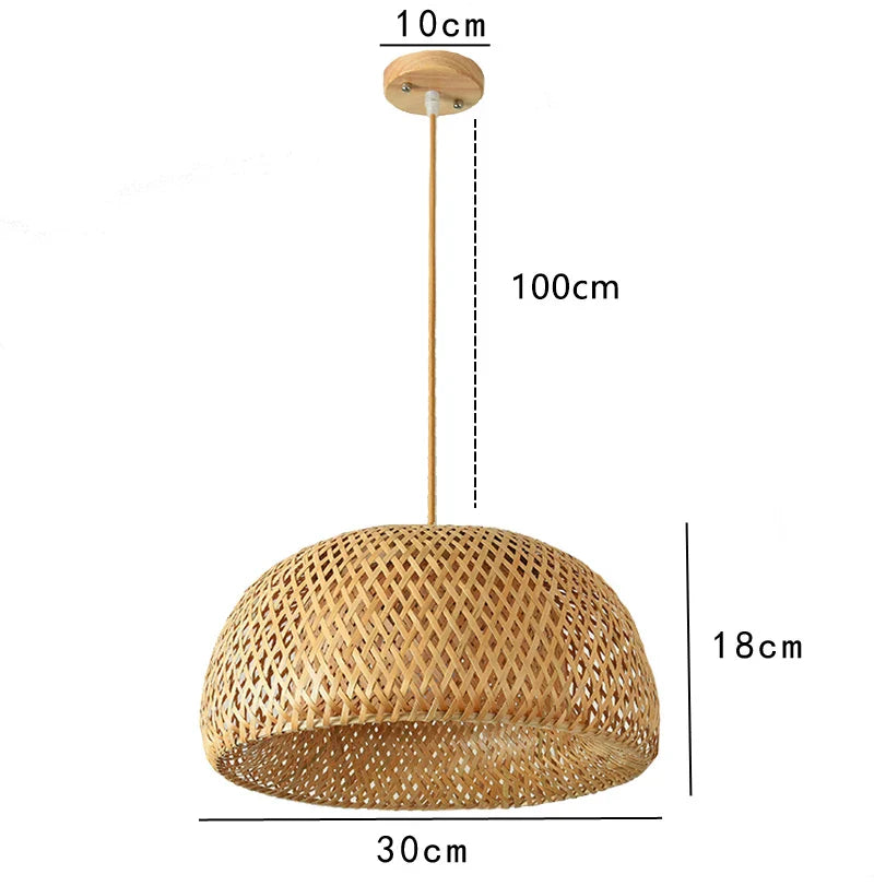 Decorbites™ hand knitted chinese style natural-toned bamboo pendant light with woven dome shade and wooden rod