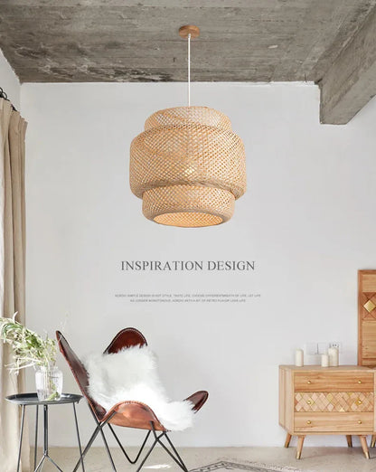 DecorBites™ hand knitted chinese style tiered natural-toned woven rattan pendant light with wooden ceiling mount