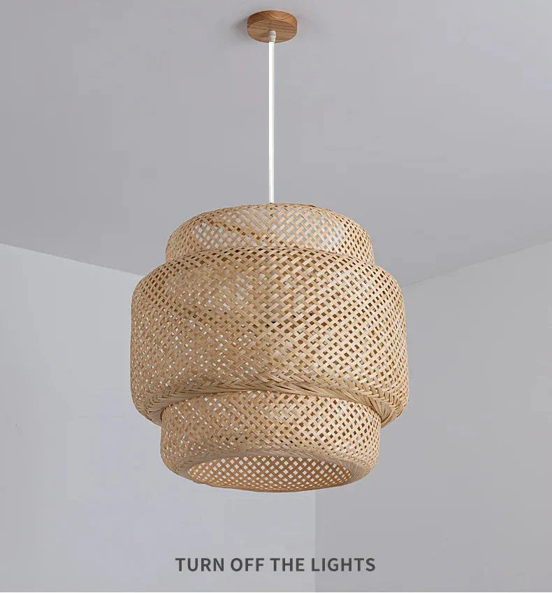 Natural woven rattan pendant light with tiered cylindrical design and wooden ceiling mount hand knitted chinese style