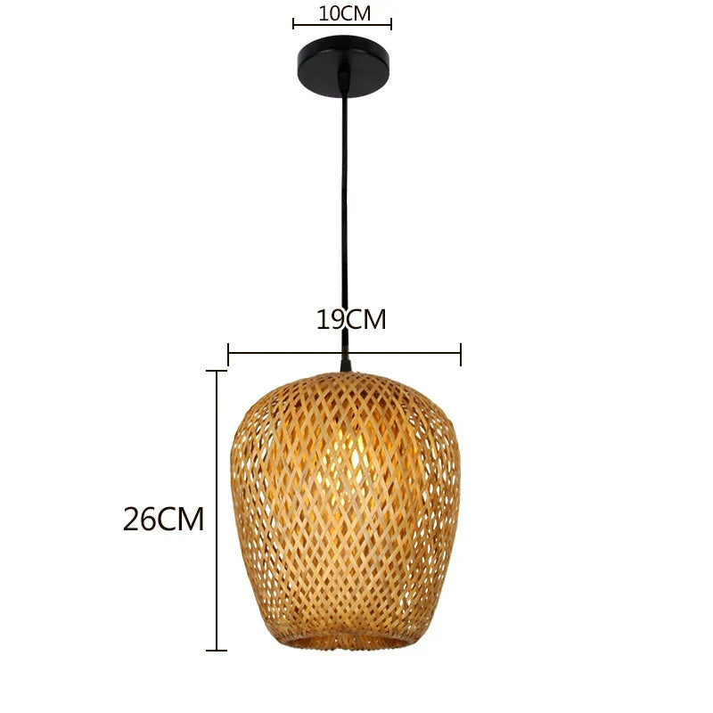A warm-toned hand knitted chinese style bamboo pendant light with black metal ceiling mount by DecorBites