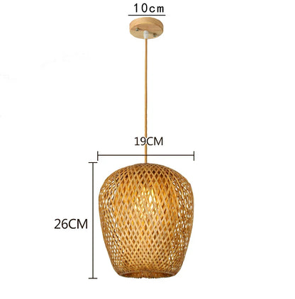 Decorbites™ hand knitted chinese style bamboo pendant light with warm golden hue and intricate lattice design