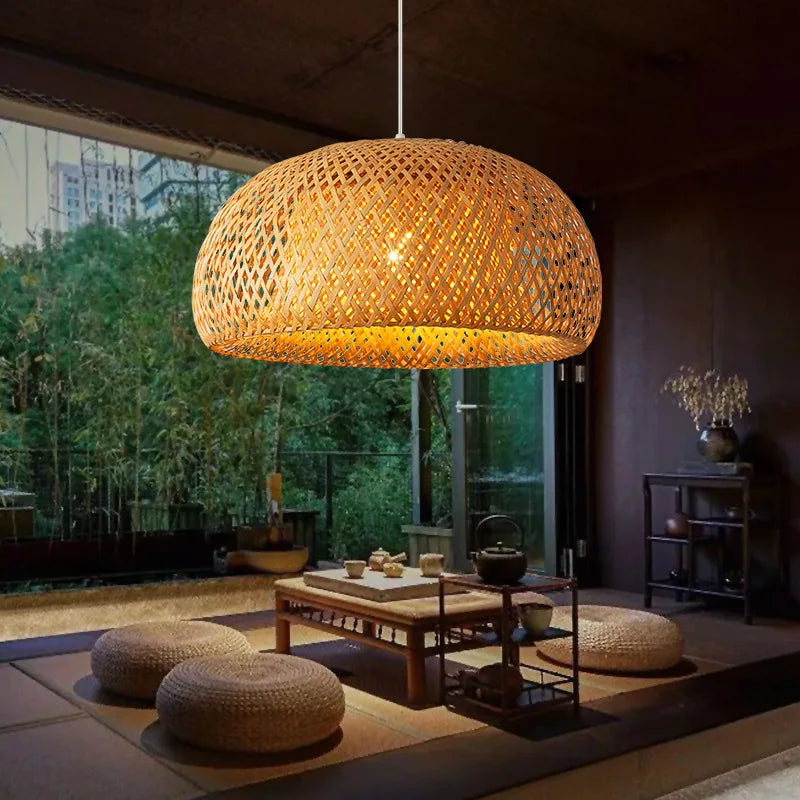 Warm-toned woven bamboo pendant light with lattice design hand knitted chinese style hanging lamp decorbites