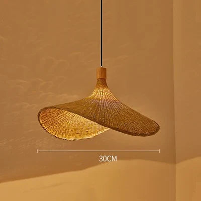 Decorbites™ hand knitted chinese style warm-toned woven rattan pendant lamp with natural wood finial and black cord