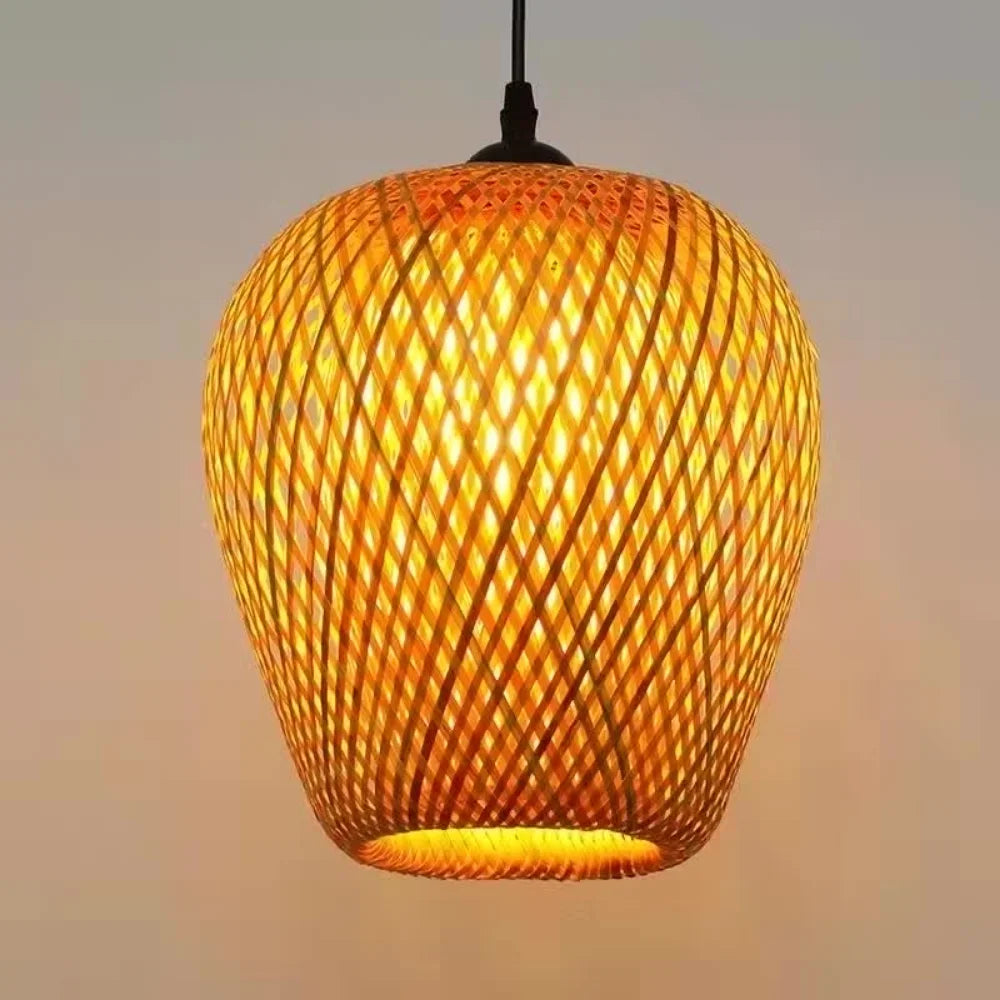 Warm-toned bamboo pendant light with hand knitted chinese style woven lattice design by DecorBites™