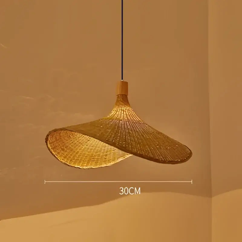 Decorbites™ hand knitted chinese style warm-toned woven rattan pendant lamp with natural wood finial and black cord