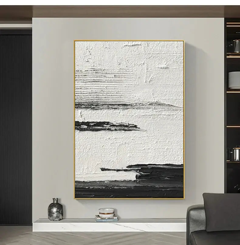 Decorbites™ hand painted black and white abstract wall oil painting with textured brushstrokes and gold frame