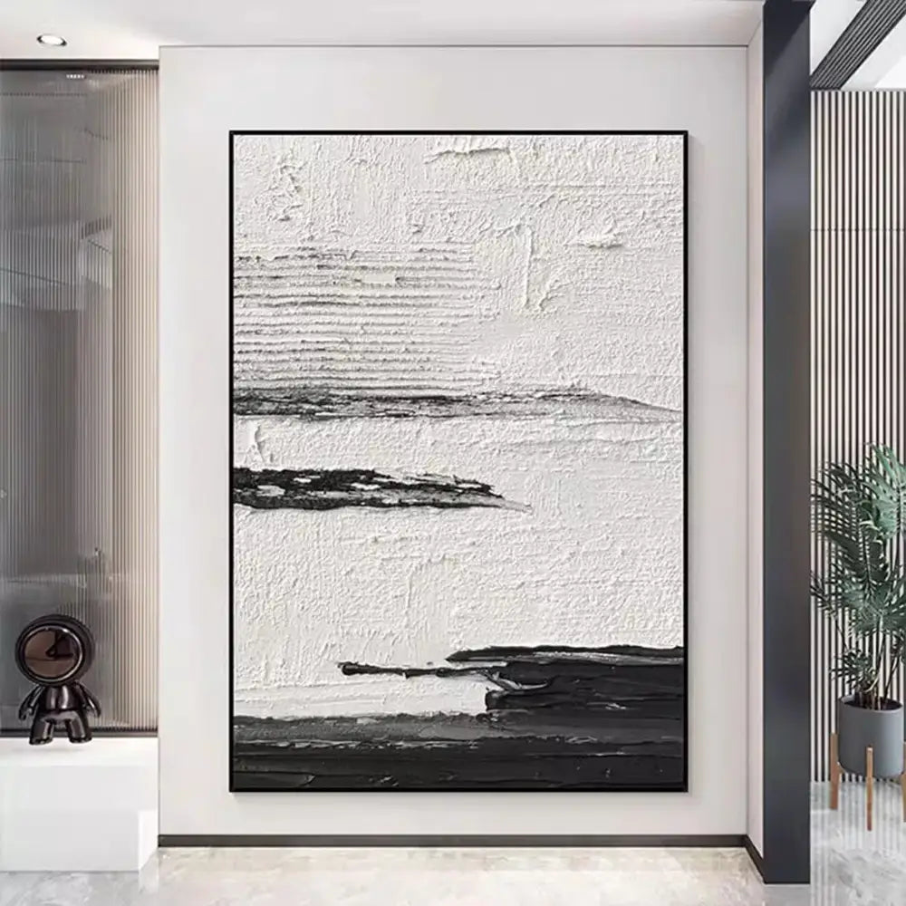 DecorBites™ hand painted black and white abstract wall oil painting with textured brushstrokes in a minimalist frame