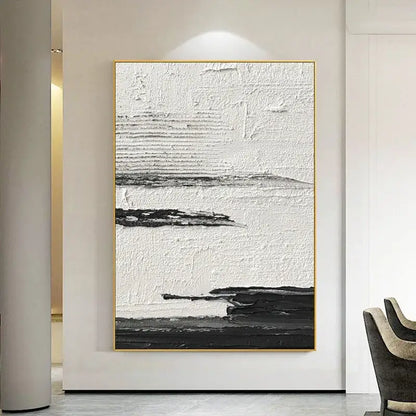 DecorBites™ hand painted oil painting with textured black and white abstract brushstrokes in a gold frame