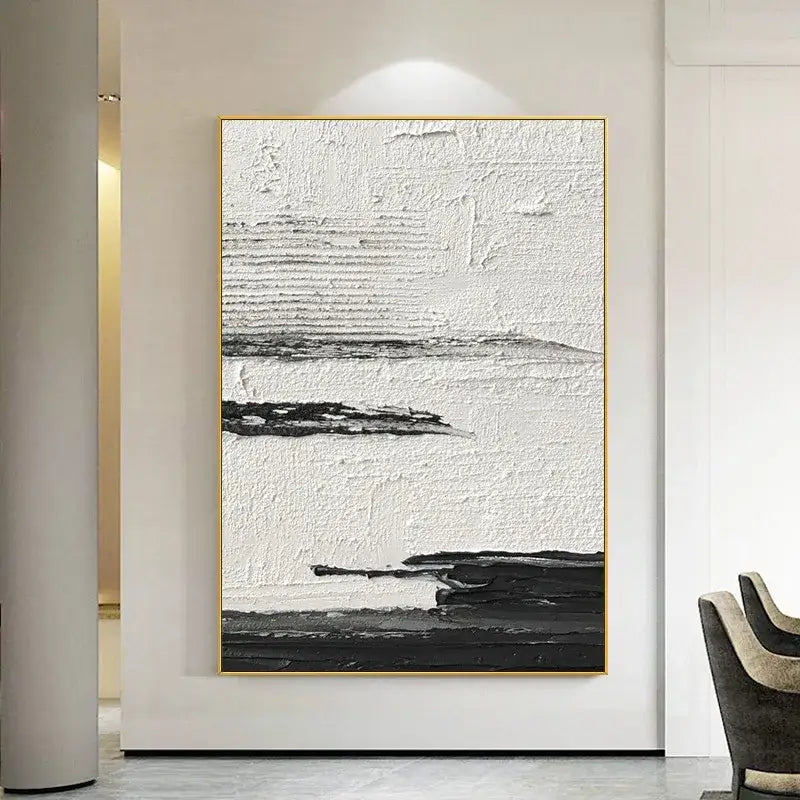 DecorBites™ hand painted oil painting with textured black and white abstract brushstrokes in a gold frame