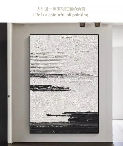 Decorbites™ hand painted black and white abstract oil painting with textured brushstrokes in a sleek black frame