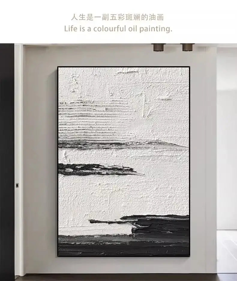 Decorbites™ hand painted black and white abstract oil painting with textured brushstrokes in a sleek black frame