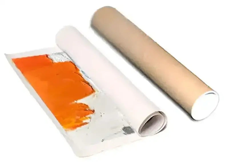 A rolled-up hand-painted white abstract wall oil painting with vibrant orange paint splatter in a brown cardboard tube