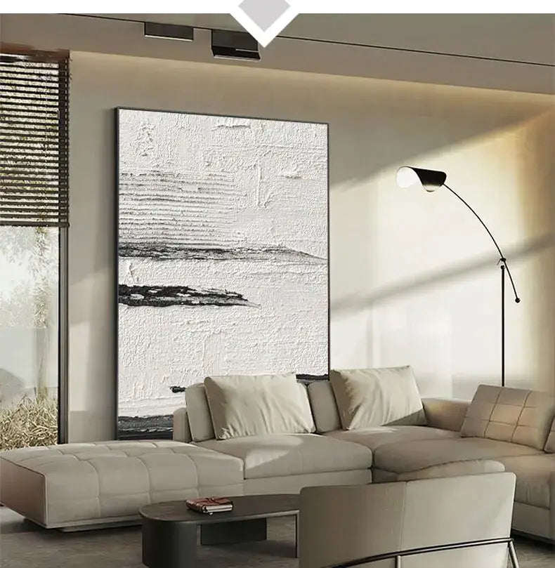 Decorbites hand painted oil painting featuring textured black and white brushstrokes in a thin dark frame