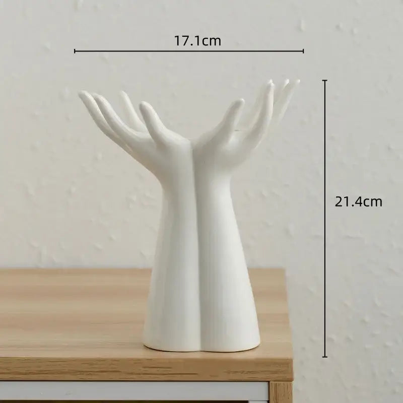 White ceramic DecorBites™ hand-painted ceramic flower vase shaped like clasped hands hand arm palm jewelry stand
