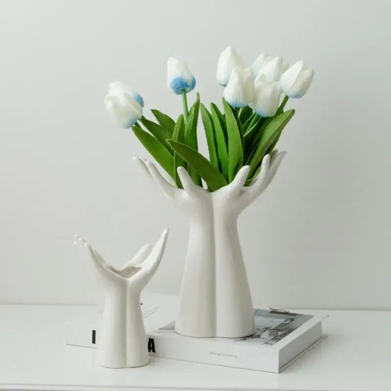 Decorbites™ hand-painted ceramic flower vase featuring white hand arm palm design with white tulips blue-tipped petals