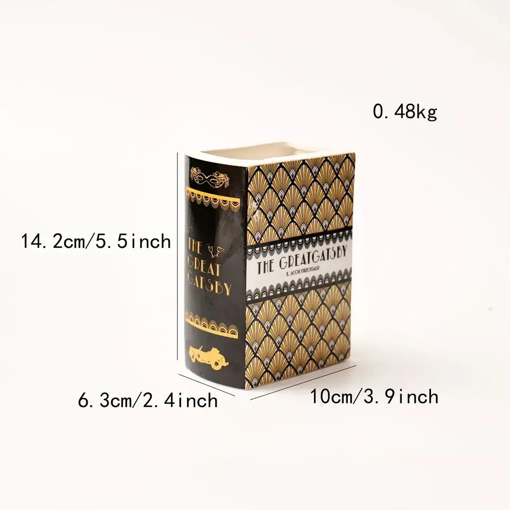 Black and gold ceramic vase shaped like a miniature book with art deco patterns for home decor flower ceramic vase