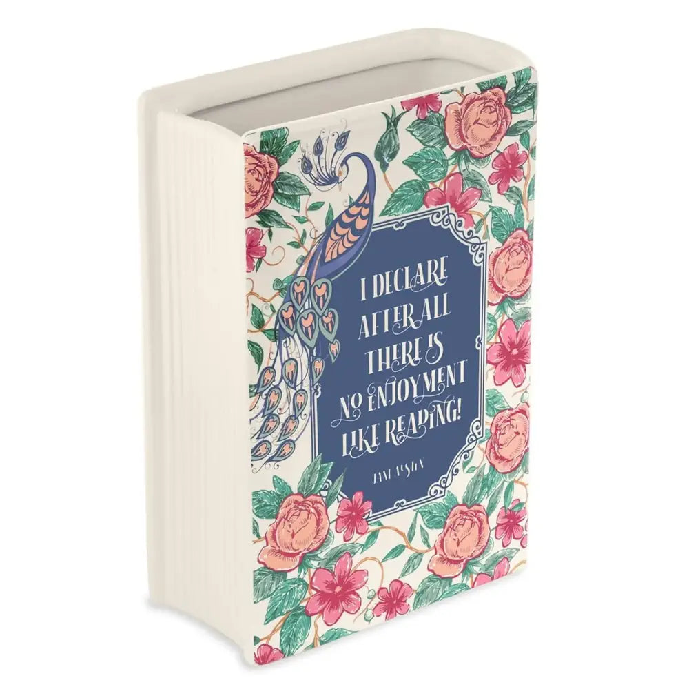 DecorBites™ hand-painted flower ceramic vase shaped like a book with pink roses and peacock design for home decor