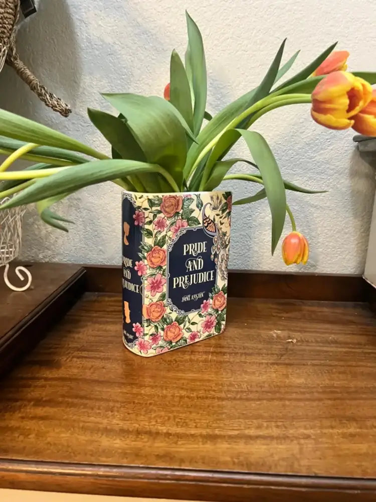 Decorbites™ hand-painted flower ceramic vase shaped like a book with pride and prejudice cover in pink and orange hues for home decor