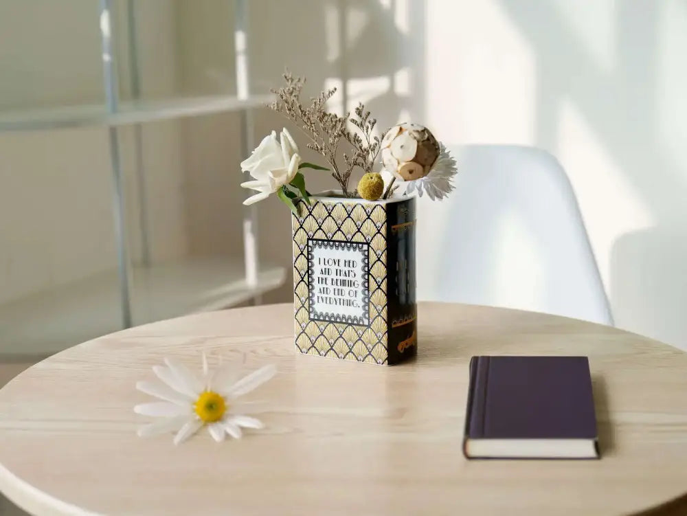 Decorbites™ hand-painted ceramic vase in black and gold with geometric pattern and romantic text for home decor