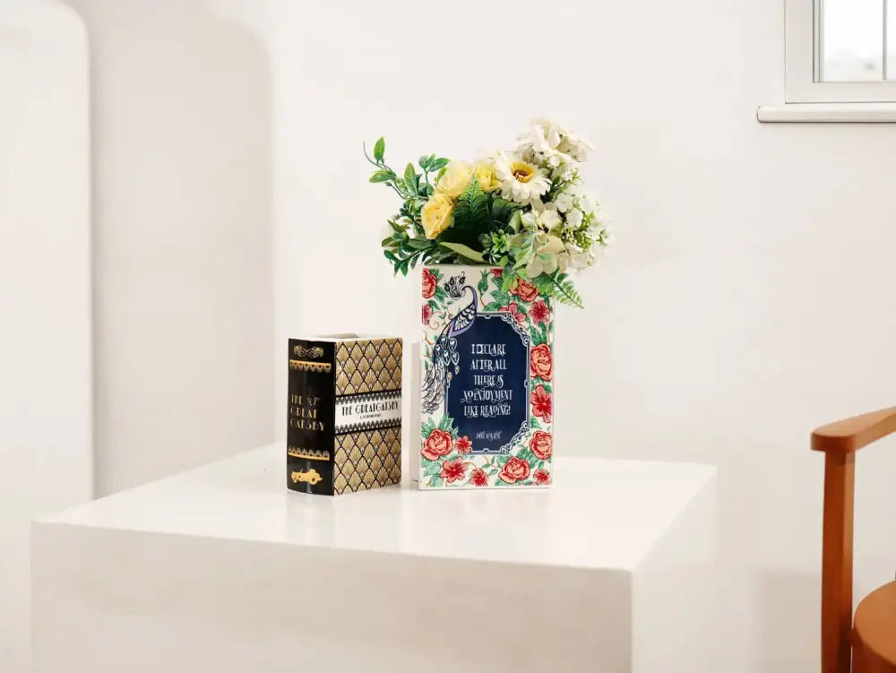 DecorBites™ hand-painted ceramic vase with red roses and peacock design for elegant home decor and flower ceramic vase use