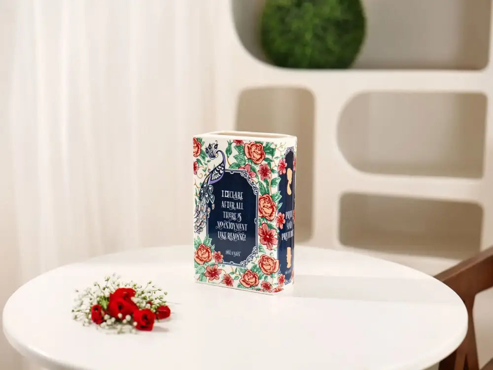 DecorBites hand-painted rectangular ceramic vase in navy blue with floral red roses green leaves and peacock home decor