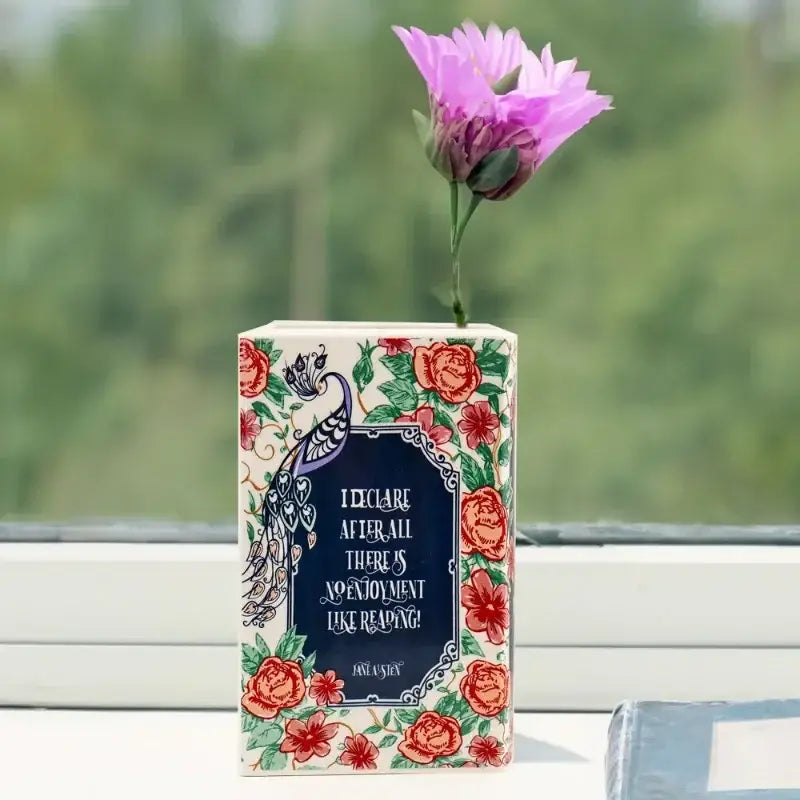 DecorBites™ hand-painted flower ceramic vase resembling a book cover with red green floral patterns and peacock design for home decor