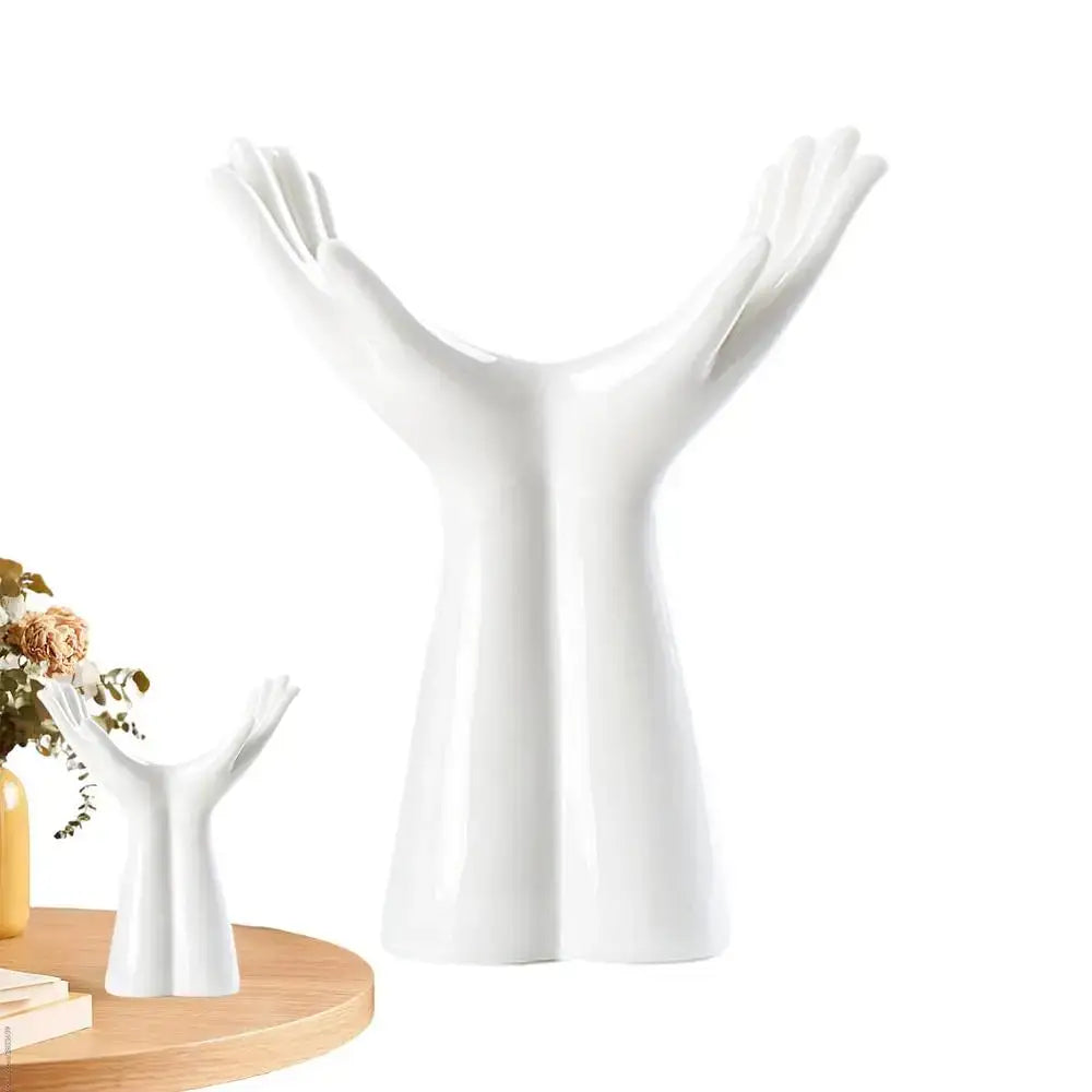 White ceramic hand shaped porcelain flower vase by decorbites featuring two hands forming a y shape for home decor