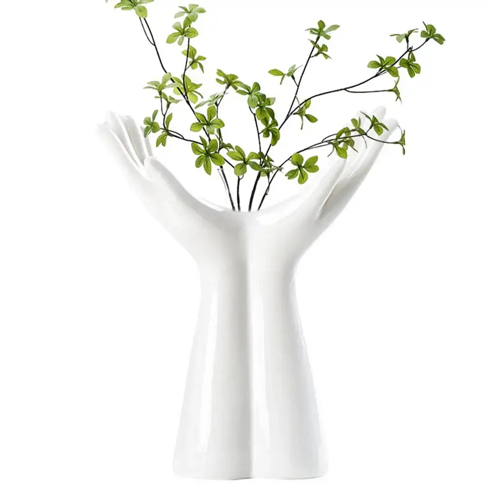DecorBites™ white porcelain flower vase shaped like two hands cupping green branches for elegant home decor