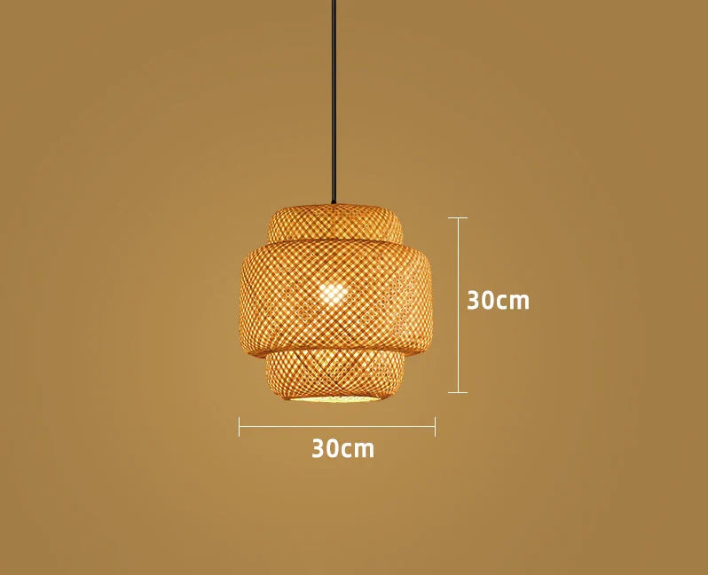 DecorBites™ hand-woven bamboo pendant light chandelier with warm tones and geometric lattice design