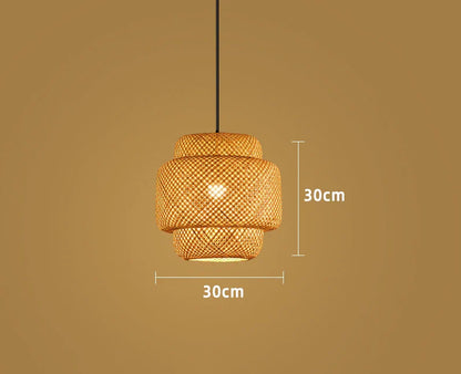 DecorBites™ hand-woven bamboo pendant light chandelier with warm tones and geometric lattice design