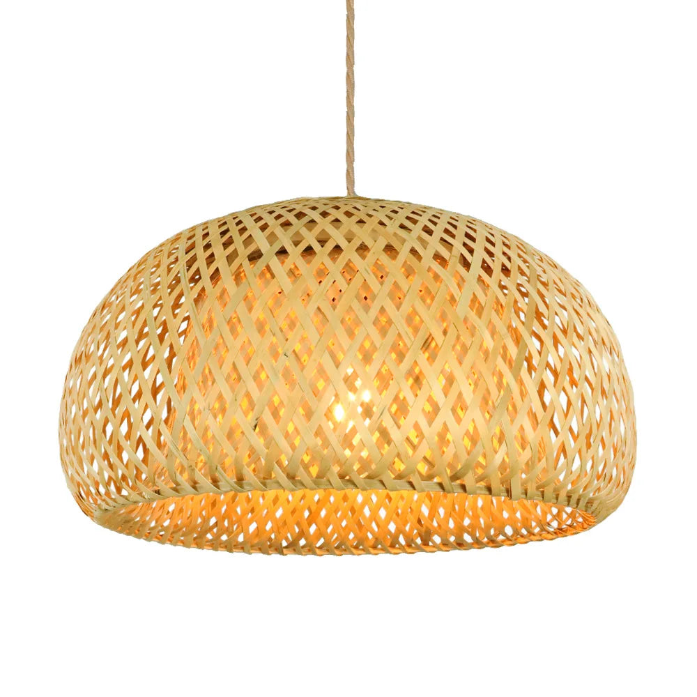 DecorBites™ hand-woven bamboo pendant light chandelier with warm-toned dome shape and diamond lattice design