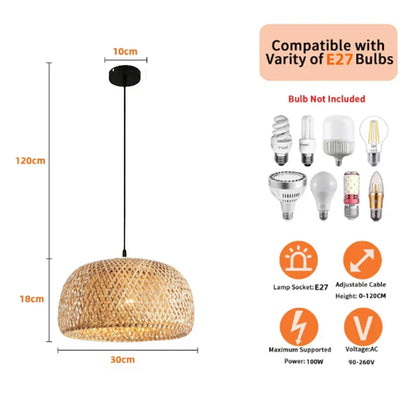 DecorBites hand woven bamboo pendant light chandelier with warm earthy tone and intricate lattice design