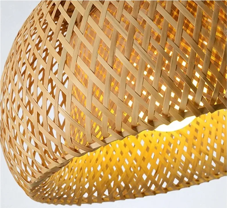 DecorBites hand-woven bamboo pendant light chandelier with warm golden glow and intricate lattice pattern