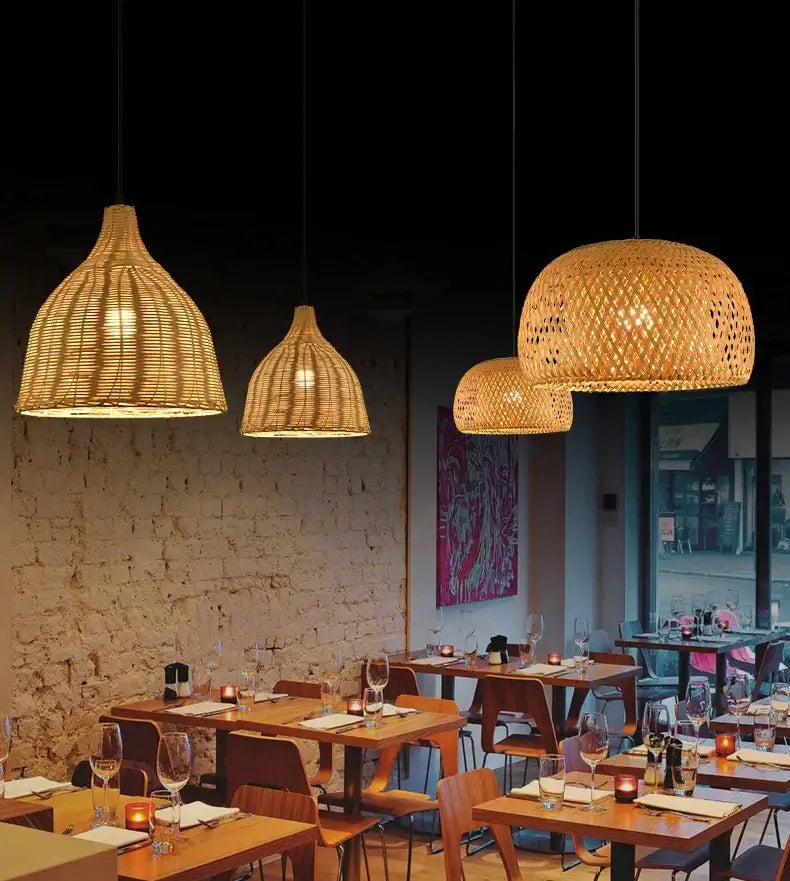 Decorbites™ hand-woven bamboo pendant light chandelier with woven bamboo design and warm golden glow pendant light chandelier