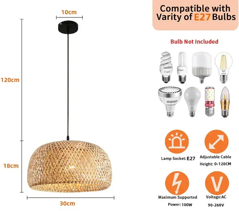 Decorbites™ hand-woven bamboo pendant light chandelier with natural textured finish and black metal hardware pendant light chandelier