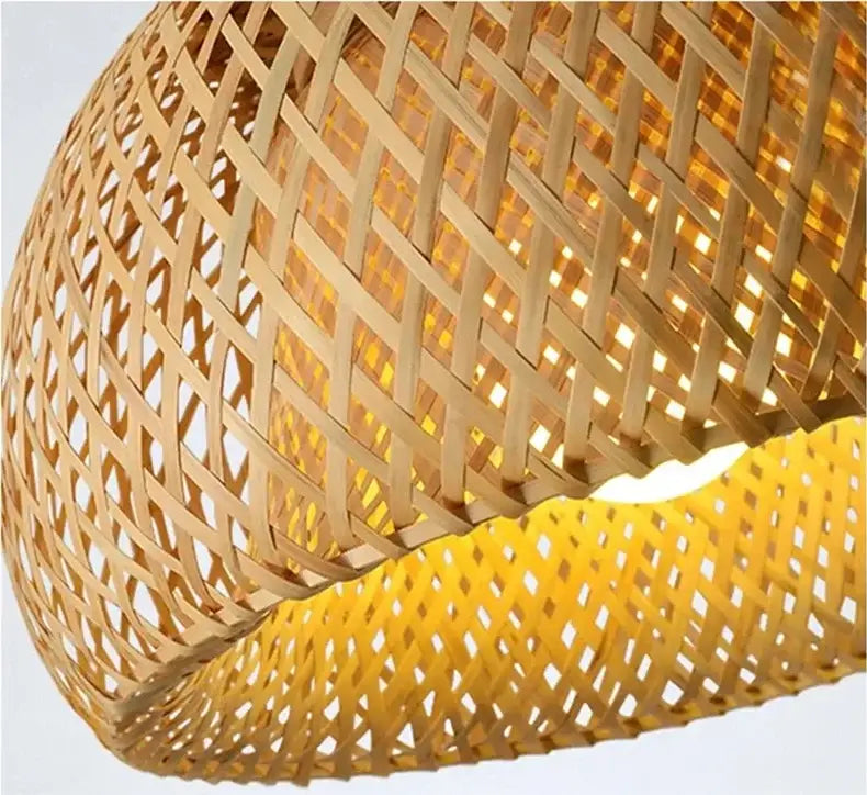DecorBites hand-woven bamboo pendant light chandelier with warm golden glow and intricate lattice pattern
