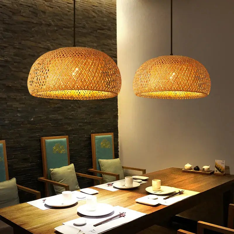DecorBites™ hand-woven warm-toned bamboo pendant light chandelier with dome-shaped design above dining table