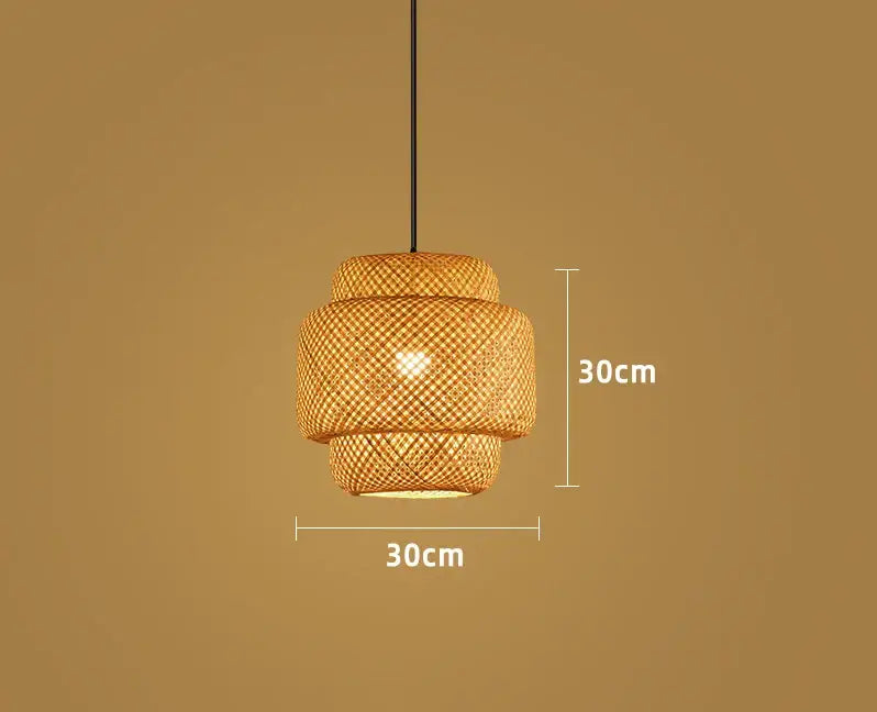 DecorBites™ hand-woven bamboo pendant light chandelier with warm tones and geometric lattice design