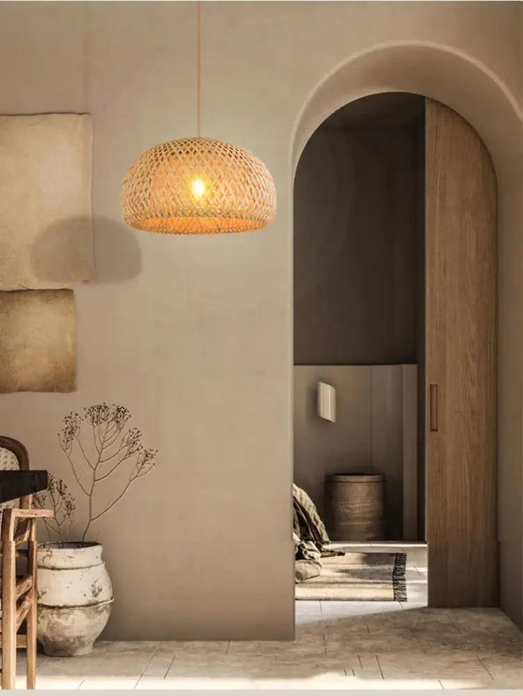 DecorBites™ warm-toned hand-woven bamboo pendant light chandelier with textured lattice design